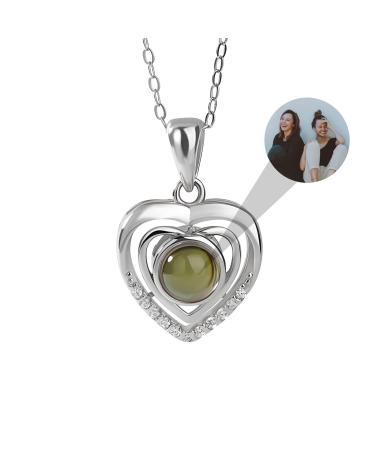 Drawelry Personalized Photo Projection Heart Chain Heart Pet Pad Print Pote Pot with Picture In the Inner Women Half Cam Remembrance Gifts For Women Girls Double Heart-Si