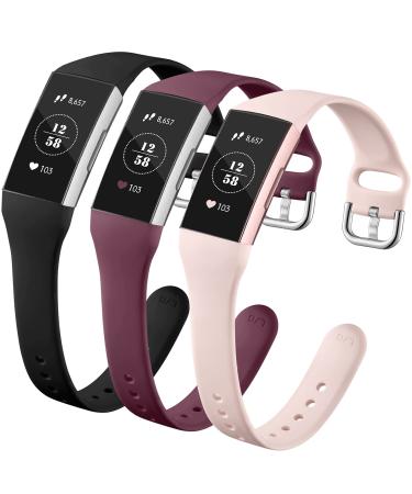 GEAK Compatible with Fitbit Charge 3 Bands/Fitbit Charge 4 Bands for Women, Slim Soft Silicon Replacement Band for Fitbit Charge 3/Charge 3 SE/Charge 4 Bands Women Men,Small Black/Sand Pink/Wine Red Black/Sand Pink/Wine Re…