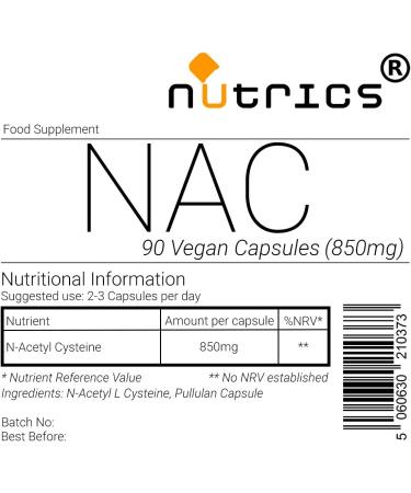 Nutrics NAC N Acetyl Cysteine 850mg 90 Capsules - Vegan Vegetarian Halal Kosher - 1 Month Supply - Buy Online on GoSupps.com