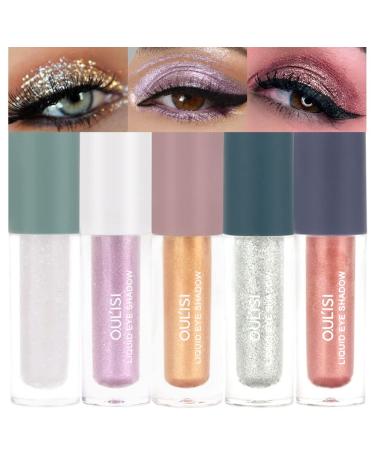 5Pcs Transparent Golden Liquid Glitter Eyeshadow Sticks Set.Waterproof Quick-Drying Crystal Liquid Shimmer Sparkly Eyeliner Eyelid.Highlight inner corner Eye Looks for Party Make-up sombra para ojos 5 sparkle