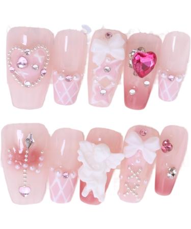 PN-008 Press-On Nails Lacquered 10 Pieces Reusable False Nails Glamour Rhinestones Ballerina Heart Cute Pink - Buy Online on GoSupps.com