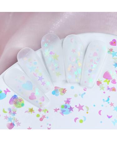 Nail Art Glitter Sequins - 3D Clear Iridescent Ultra-Thin Flakes with Mermaid, Love Heart, Butterfly, Star, Moon & Round Shapes - Nail Decor for Women's Manicures - Buy Online on GoSupps.com