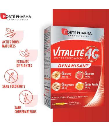 Fort Pharma - Energizing 4G Vitality | Natural Boost | Immediate Energy Food Supplement - Ginseng Ginger Guarana and Royal Jelly | 20 vials 20 days - Buy Online on GoSupps.com