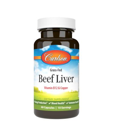 Carlson Grass-Fed Beef Liver with Iron & Copper Supports Blood Health & Energy Red Blood Cell Production 60 Capsules