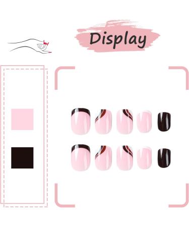 24Pcs Short Square French False Nails Tips Glossy Wave Design - Brown Wave Stick on Nails for Women and Girls - Buy Online on GoSupps.com