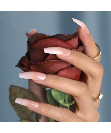 Bohend French long false nail shiny coffin false fingernails pink ballerina nails 24st acrylic art you press on nail tips to women and girls