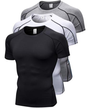 3 Pack Men's Compression Shirts Short Sleeve Workout T-Shirt Cool Dry Undershirts Baselayer Sport Cool Shirt Running Tops Black+white+gray Small