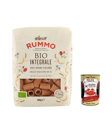 Italian Gourmet E.R. Rummo Pasta Integrale Mezzi Rigatoni No. 51 Pack of 20 Whole Grain Pasta 500g + Italian Gourmet Polpa 400g