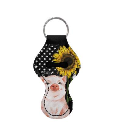 Poceacles Keychain for Women and Girls - Lipstick - Glossy Lip Balm - Neoprene Pouch - Wrist Strap American Flag Sunflower Pig
