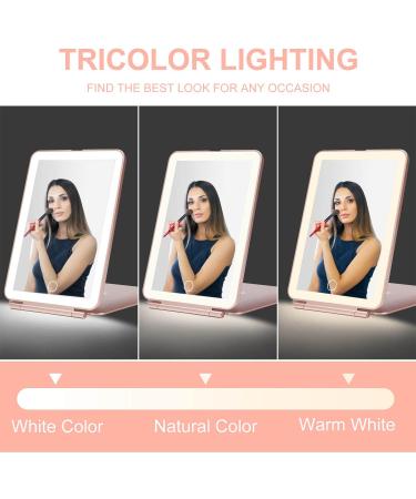 LED Foldable Travel Makeup Mirror - 5x7 inches, 3 Color Light Modes, USB Rechargeable - Rose Gold - Buy Online on GoSupps.com