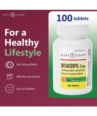 GeriCare Bisacodyl 5 mg Laxative Coated Tablet | Generic for Dulcolax | Stimulant Laxative | Gentle Overnight Constipation Relief 100 Count (Pack of 1) - Buy Online on GoSupps.com