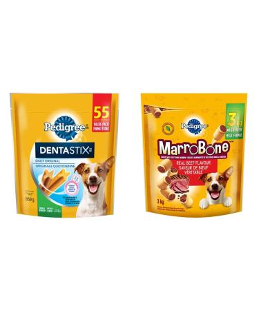 PEDIGREE DENTASTIX Oral Care Dog Treats for Small Dogs - Original 55 Sticks & MARROBONE Medium Dog Treats - Beef Flavour 3kg Pouch Original 55 Count (Pack of 1) Dog Treats + Biscuit Treats 3kg Pouch