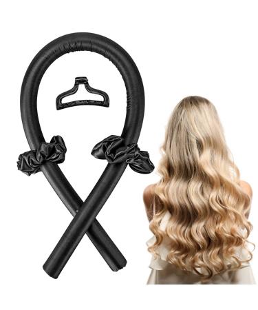Women Heatless Curling Rod Rollers,No Heat Silk Curls Headband with Soft Foam, Curling Ribbon and Flexi Rods for Natural Long Medium Hair Diy Hair Styling Tools Black