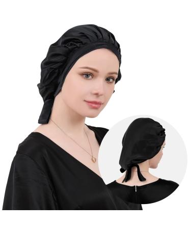 DAISYSILK 100% Mulberry Black Silk Bonnet for Sleeping Silk Hair Bonnet for Curly Long Hair Women Adjustable Elastic at The Back Christmas and Valentine's Day Gifts  Black One Size Black