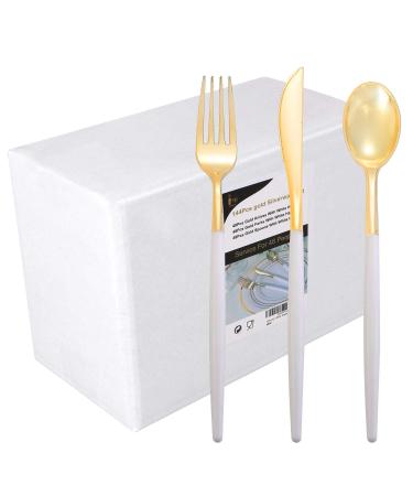 I00000 144 PCS Disposable Gold Silverware, Plastic Flatware with White Handle, Gold Plastic Cutlery Includes: 48 Forks, 48 Knives and 48 Spoons