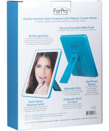 ForPro Premium Dual-Powered LED Makeup Counter Mirror - 36 LED Light Strips, Touch Sensor Dimmer Switch, Ocean Blue Matte Finish - Buy Online on GoSupps.com