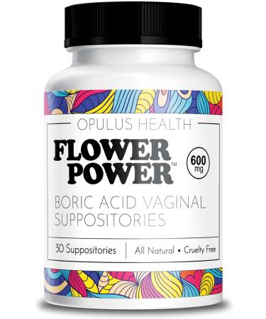 Flower Power Vegan Boric Acid Suppositories - 30 Capsules - 600mg for Vaginal Odor and pH Balance - Made in USA 30 Count (Pack of 1)