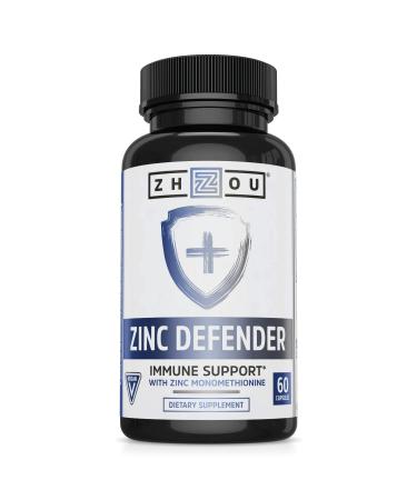 Zhou Zinc Defender - Zinc Supplements for Men & Women 30mg Per Serving for Immune Health and Mineral Support Vitamin B6 Support Pure Vegan Formula Gluten Free - 60 Capsules Unflavored 60 Count (Pack of 1)