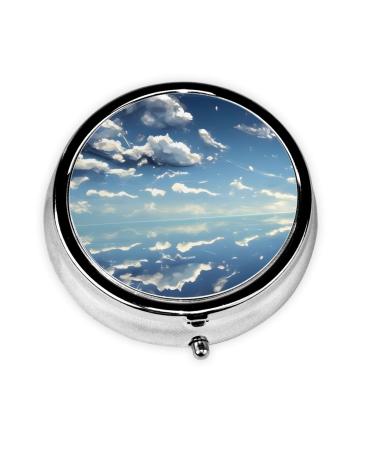 Blue Sky and White Cloudsround Pill Box 3 Compartment Round Pill Box Organizer # Portable Travel Pill Box for Traveling.