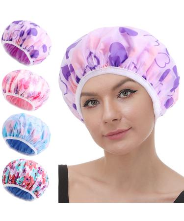 4 Pcs Terry Lined Shower Caps for Women Reusable Waterproof Washable Soft Shower Caps for Hair Care Dry Hair Women Ladies Girls (Set1)