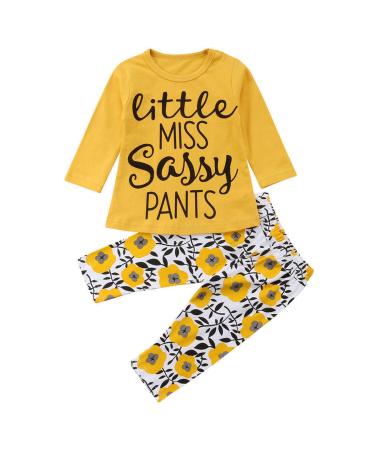 puseky Toddler Baby Girls Clothes Cute Letter Print Long Sleeve Shirt Floral Pant Tracksuit Outfits Set 2-3 Years Yellow