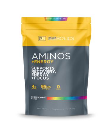Purbolics Aminos + Energy | Supports Recovery Energy & Focus | 95mg of Caffeine 0 Sugar & 60 Servings (Sour Rainbow Candy)
