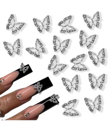BAOYAALIN Butterfly Nail Charms 3D Alloy  20 Pcs Metal Silver Butterfly Charms for Nails Gems Nail Rhinestones Shiny Crystal Nails Art Decorations Supplies for Nails DIY Manicure Women Silver A01 20PCS