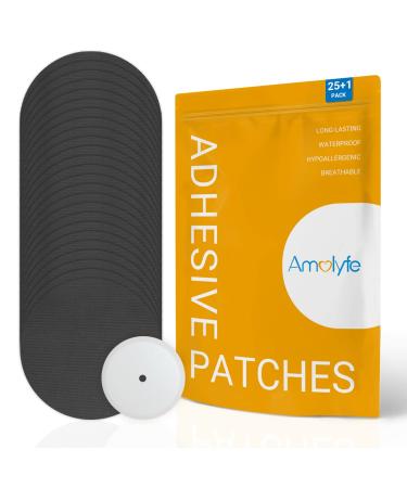 Amolyfe Dexcom G7 Adhesive Patches 25-Pack Waterproof CGM Libre 1/2 and Dexcom G7 Sensor Covers 1 Reusable Bump-Proof Cap Breathable Easy to Apply Long-Lasting Protection for 10 14 Days (Blk)