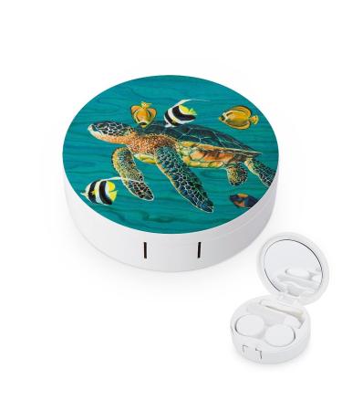 Green Turtle Fish Painting Round Case For Contact Lens Kit Storage Box with Mirror Printed