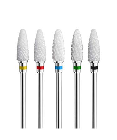 Fantexy Ceramic Nail Drill Bits Set,3/32'' Shank Professional Corn Shape Ceramic Bits,Acrylic Nail File Bits for Manicure Pedicure Cuticle Gel Nail Polishing,Use for Both Left and Right Handed(5 Pcs) Type 2