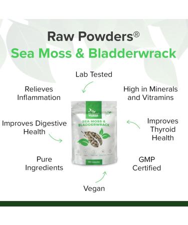 Sea Moss Capsules 500mg - Vegan Superfood with Irish Sea Moss & Bladderwrack - 100% Natural No Additives - 90 Capsules by Raw Powders - Buy Online on GoSupps.com