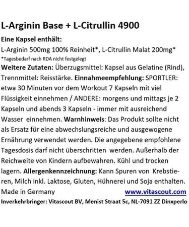 L-Arginine Base + L-Citrulline 4900 II - 600 Vegetable Capsules | 100% Pure High Dose Best Mixing Ratio No Magnesium Stearate | Made in Germany - Vitascout  - Buy Online on GoSupps.com