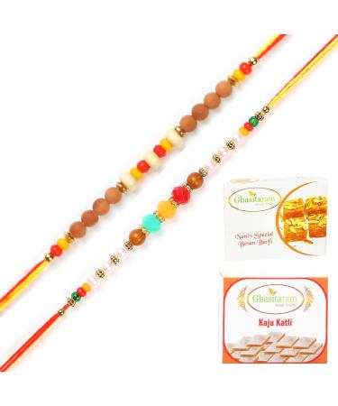 Ghasitaram Gifts Rakhi for Brother Rakhis Online - Set of 2 6045 6082 Rakhi Threads with 200 GMS of Besan Barfi and 200 GMS of Kaju Katli