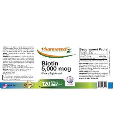 PHARMATECH Biotin Vitamin B7 for Hair Growth Skin and Nails 10 000 mcg and 5 000 mcg Gluten Free Non-GMO 120 Softgels - Buy Online on GoSupps.com
