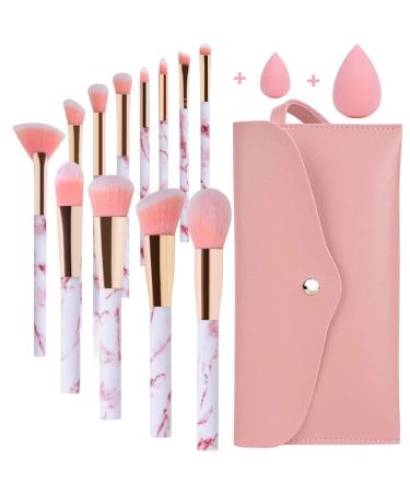 Makeup Brushes START MAKERS Professional 12Pcs Pink Marble Makeup Brush Set with Foundation Concealer Blush Eyeshadow Make Up Brushes Beauty Blender and Make Up Bag