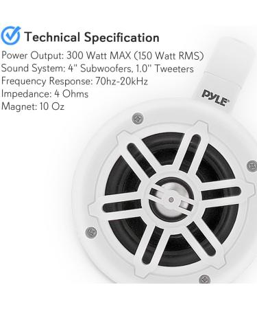 Pyle PLMRWB45W Waterproof Marine Wakeboard Tower Speakers - 4 Inch Dual Subwoofer Set with 300W Power - Boat Audio System with Titanium Dome Tweeters - White - Buy Online on GoSupps.com