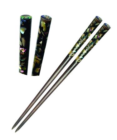 Wooden Hair chopsticks  The Head of Top Inlay with Mother of Pearl by Hand  Unique Decorative Wooden Hair Sticks  Vintage Hair Chopsticks for Women  Natural Color Black and Gray (Style 3)