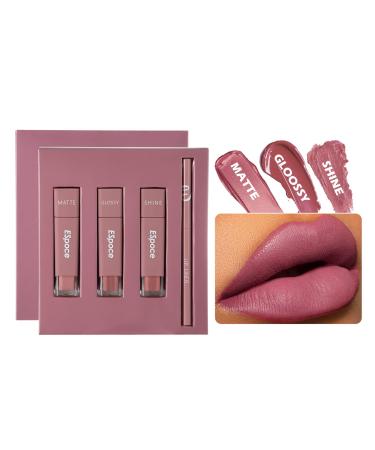 Espoce Lipstick and Lip Liner Set  4 Pcs Matte Glossy Shiny Lip Gloss and Lip Liner Kit  Non-Sticky  Waterproof  Long Lasting  Stone  0.5 Fl Oz