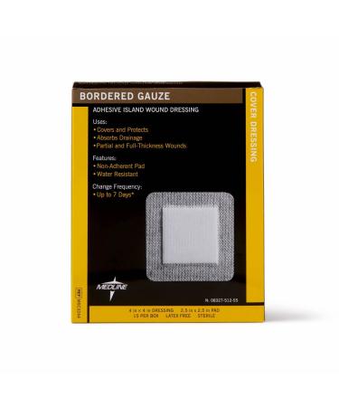 Medline Bordered Gauze 4" x 4" Adhesive Island Wound Dressing Sterile 15 Count 4" x 4" (2.5" x 2.5" Pad)