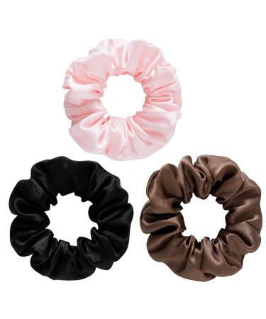 SOBONNY Silk Scrunchies for Women 100% Mulberry Silk Hair Ties 3pack Silk Hair Scrunchies for Hair Sleep No Damage Elastic Hair Accessories Ponytail Holders(Brown  Black  Pink) 3 Count (Pack of 1) Mixed 1