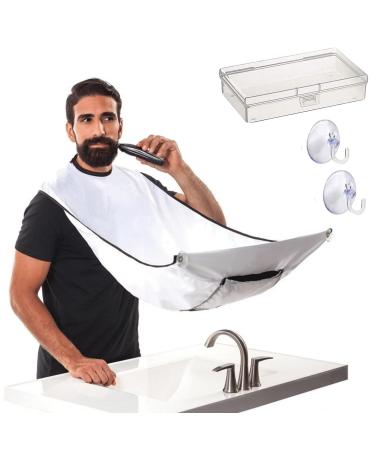 Beard Bib Apron Beard Hair Catcher for Shaving Trimming Cutting with Suction Cups Storage Box Water-Resistant Beards Buddy Trimmer Cape Keep Clean in Style Grooming Gifts for Men (White)