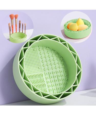 Silicone 3 in 1 Makeup Brush Cleaner Mat With Drying Rack Makeup Brush holder Cleaner Bowl Upgrade for Brushes Powder Puffs and Sponges (green)