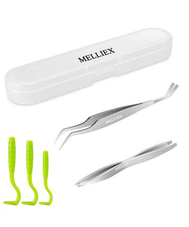 Melliex tick pliers set stainless steel tick removal tick remover tick tweezers and plastic tick hooks with storage box for dogs pets cats dog silver