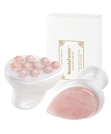 BEAUTYFACTOR Jade Roller & Gua Sha Set - Facial Tools for Puffiness Relief, Skin Tightening & Wrinkle Reduction - Pink - Buy Online on GoSupps.com