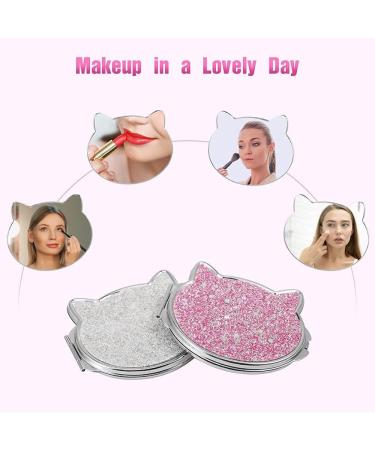 LucyPhy 2 Pcs Pocket Small Compact Mirror - Cute Kawaii Cat Design - Double Sided 2X 1X Magnifying Makeup Mirror for Women, Girls, Kids - Pink+Silver - Buy Online on GoSupps.com