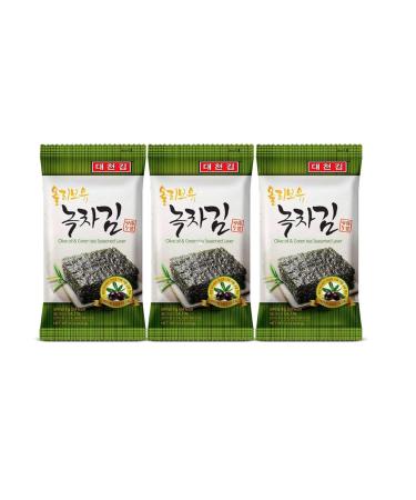 Daechun Korean Crispy Seaweed Nori Laver Snacks (4.5g x 3 Packs) 13.5g (Olive Oil & Green Tea Seasoned Laver)