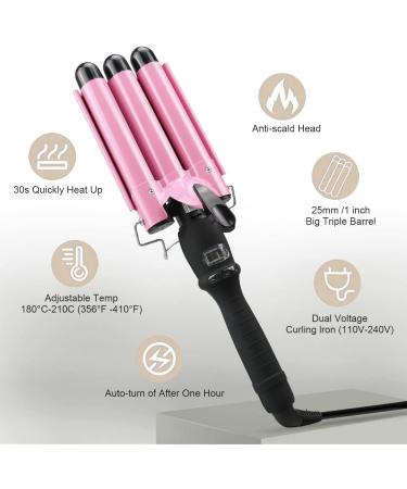 1 Inch Pink 3 Barrel Curling Iron Wand with LCD Display - Ceramic Tourmaline, Dual Voltage Hair Crimper for Waves, Adjustable Temperature, Portable and Quick Heating - Buy Online on GoSupps.com