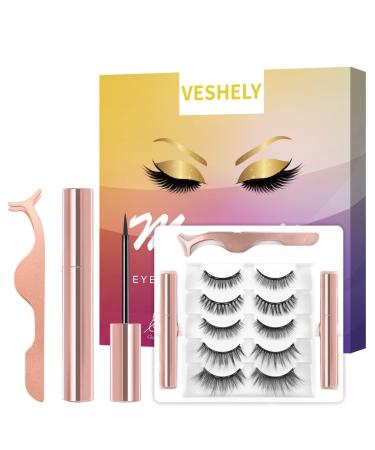 Veshely natural magnetic eyelashes with eyeliner 5 pair of natural appearance improved reusable false eyelash set 3D short and long magnetic eyelash set