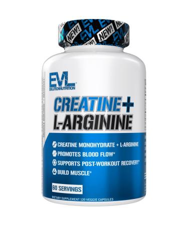Evlution Nutrition Creatine + L-Arginine - Supports Blood Flow Post-Workout Recovery & Lean Muscle Growth - 500mg Creatine Monohydrate & 500mg L-Arginine Per Serving -60 Servings -120 Veggie Capsules