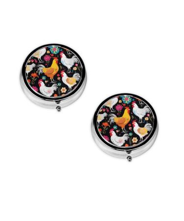 (Cute Rooster Chickens) Round Pill Box 3 Compartment Pill Box Mini Decorative Pocket Purse Portable Travel Medicine Tablet Vitamin Holder Organizer Pill Case